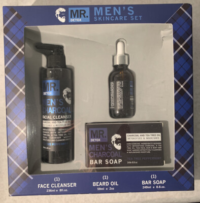 Mr. Detox Men's Skincare Set Face cleanser Men's Charcoal bar soap and beard oil
