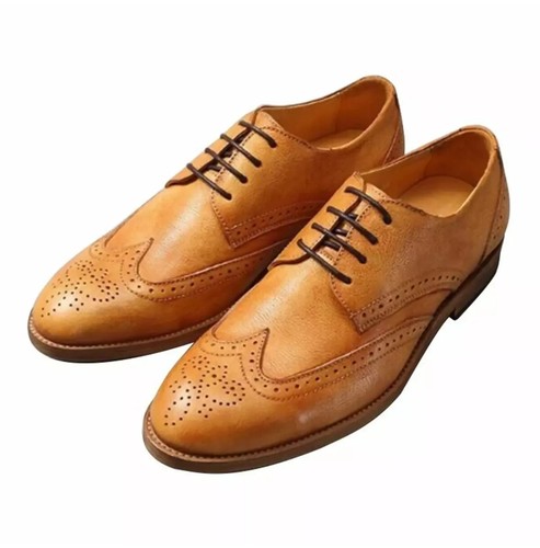 Handmade Tan Wing Tip Brogue Leather Formal Handmade Dress Shoes For Mens - 第 4/7 張圖片
