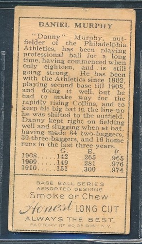 1911 T205 Honest Long Cut: DANIEL MURPHY Philadelphia Athletics ~ GOOD - Picture 2 of 2