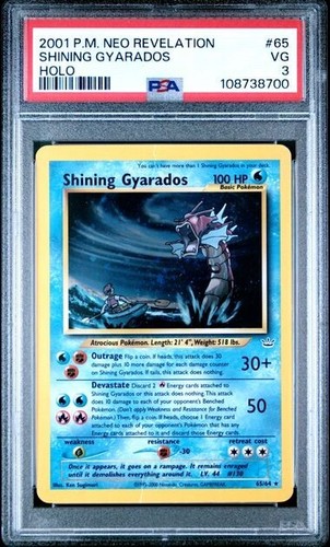 Pokémon Neo Revelation Shining Gyarados 2001 Holo Foil #65 PSA 3 en muy buena condición ¡Sin usar, raro!