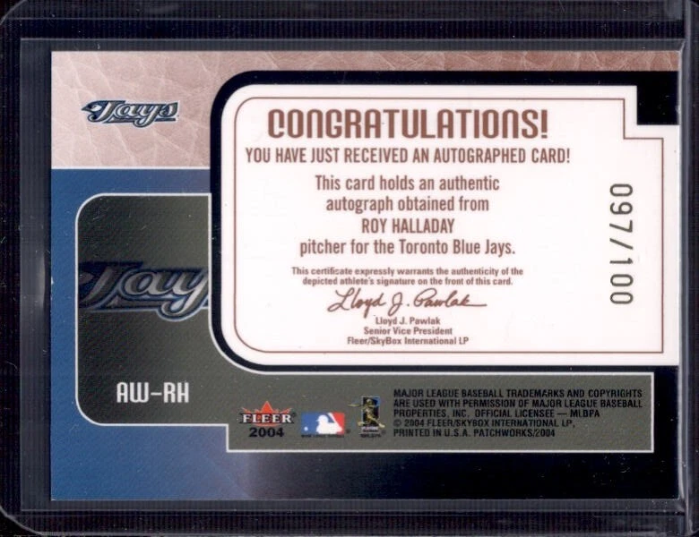 Roy Halladay 2004 Fleer Patchworks Autoworks #AW-RH autógrafo automático #097/100 Foto 2 de 2