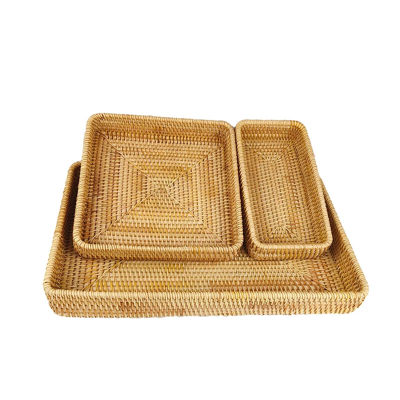Hand Woven Rattan Storage Tray Basket Desktop Storage Bread Fruit Food Tray S -L - Image 2 of 4