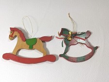 Wooden Rocking Horse Ornaments Christmas Hand Painted Seasonal Decor Set 2