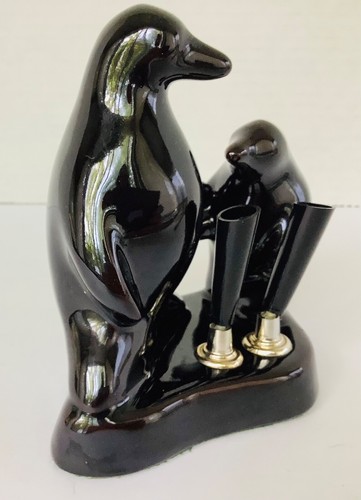 Vintage Japan Redware Desk Top Pen Holder 5” Penguins Figurine Glossy Black - Picture 7 of 7