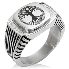Stainless Steel Yggdrasil Great Tree of Life Needle Striped CZ Biker Signet Ring