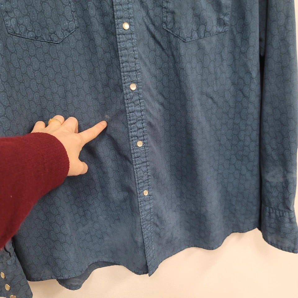Vintage Wrangler Mens Paisley Pearl Snap Shirt Size 2X Blue Western Country Barn - Image 4 of 4