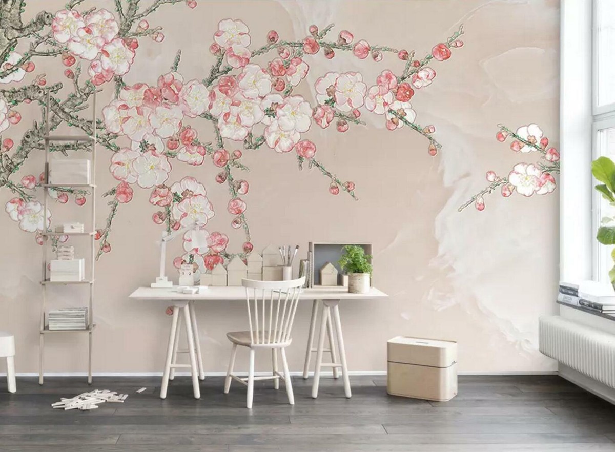 Papier Peint Photo 3D Amovible - Femme Et Fleurs Roses ZHU1176, Déco Murale Tendance Zoé