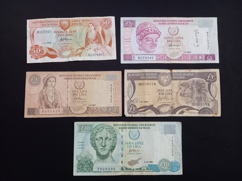 ZYPERN 50 GESCHICKT (1989) 2x 1 (1989/ 1997) + 5 (2003) + 10 (1998) PFUND Banknoten