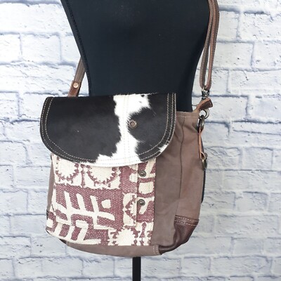 Myra Bag Pink Canvas Cowhide Leather Western Crossbody Bag Purse Flap Brown
