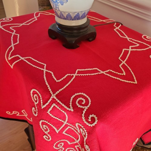 Vintage Red Hand Embroidered Table Square Tablecloth Handmade Nordic Swedish