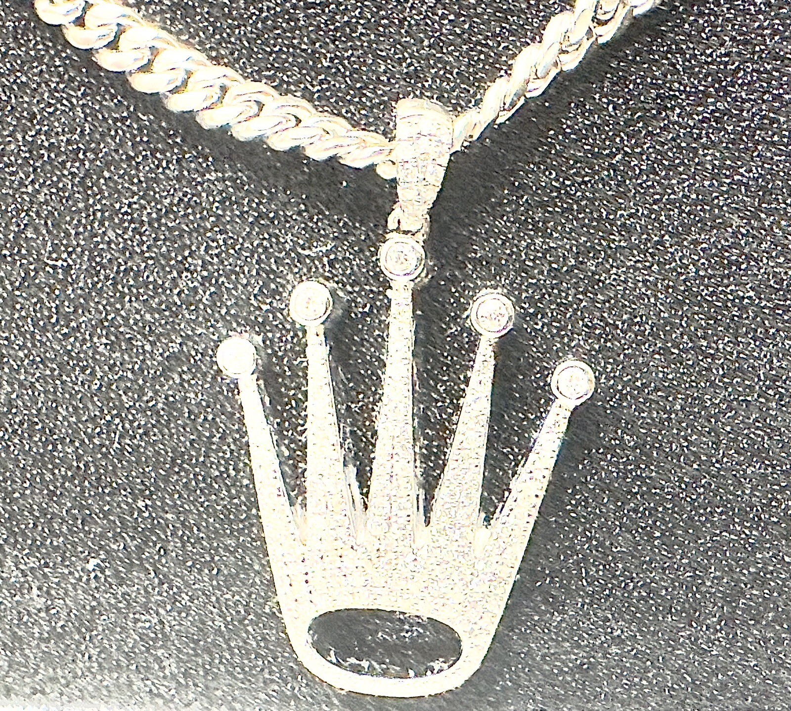 ROLEX DIAMOND CROWN PENDANT CHARM 14k WHITE GOLD CUBAN LINK CHAIN 1.5