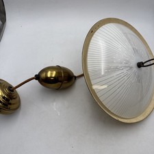 1950s UFO Pull Down Ceiling Light Fixture Round Brass Glass Spaceship Design 14"