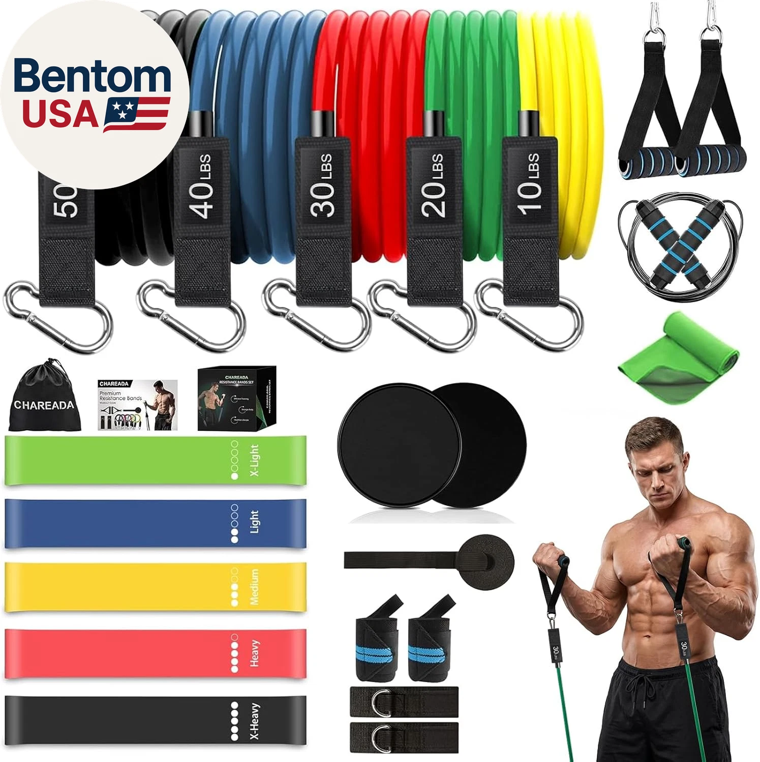 23 Pack Resistance Bands Set Workout Bands, 5 Stackable Exercise Bands 5 Loop Re