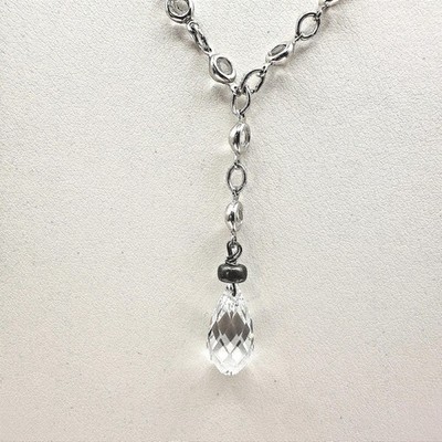 Vintage 90s Y2K Silver Tone Necklace Crystal Teardrop Lariat Y Dainty Elegant