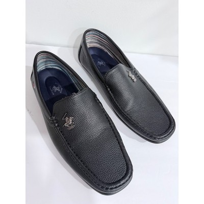 Beverly Hills Polo Club Mens Black Pebbled Loafers Slip On Driving Shoes Logo
