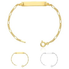 Kids 14K Yellow/White Gold Over Sterling Silver Figaro ID Bar Bracelet Solid Li