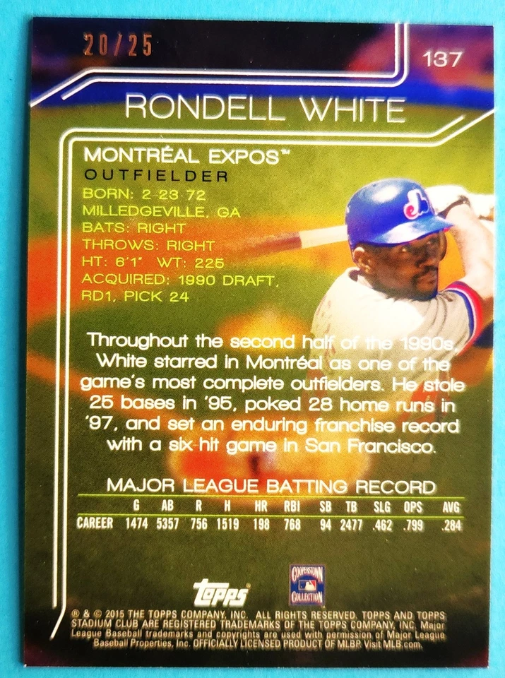 2015 Topps Stadium Club Foilboard Rondell White 20/25 #137 Expos - Image 2 of 2