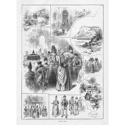 MONTE CARLO Ansichten im Casino und Umgebung - antiker Druck 1888