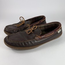 LL Bean Moccasin Loafers Men s 10 Brown Leather Hand Sewn Slippers Flannel Lined