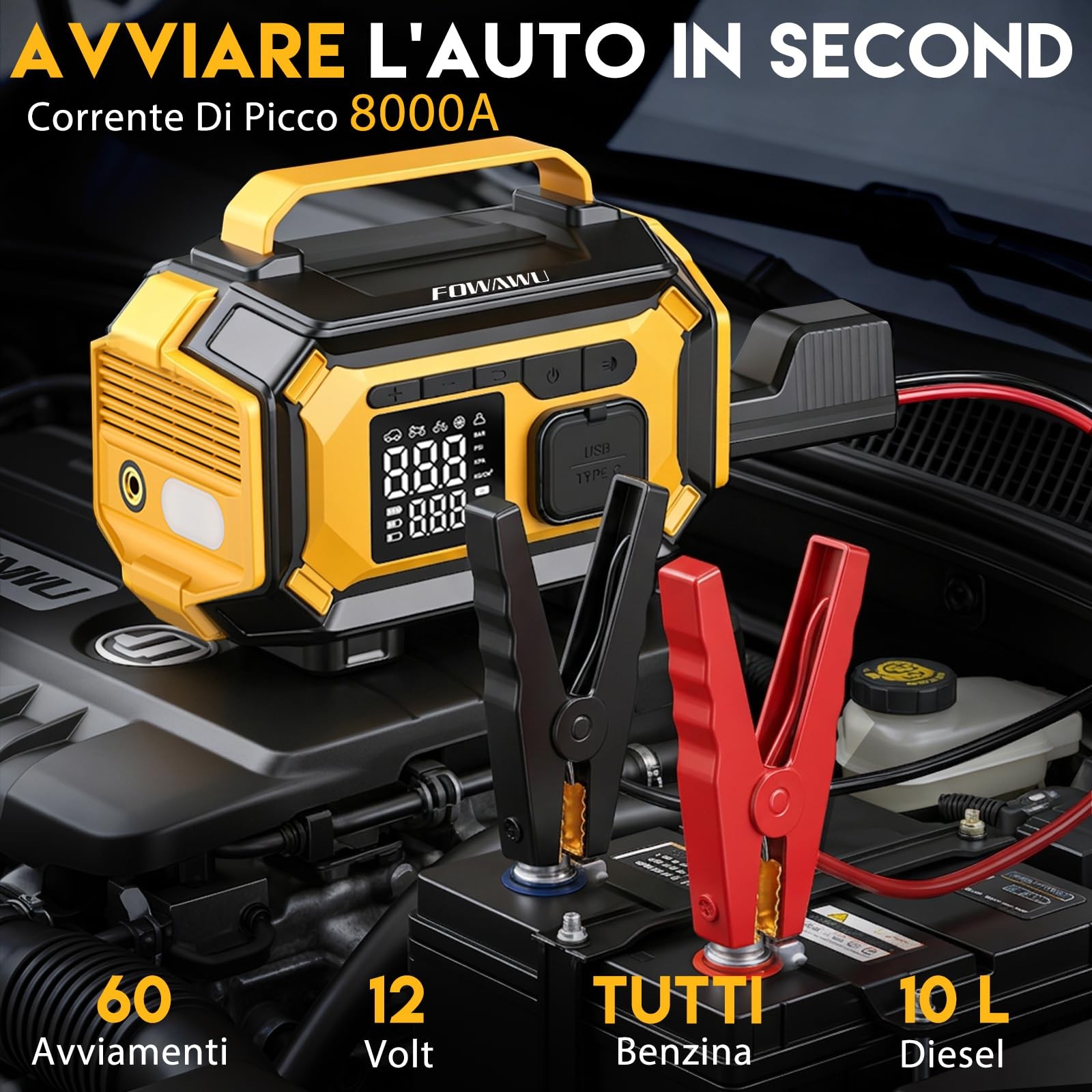 ✅Avviatore Batteria Auto Moto SUV 8000A Compressore 150PSI Power Bank Torcia LED foto 2