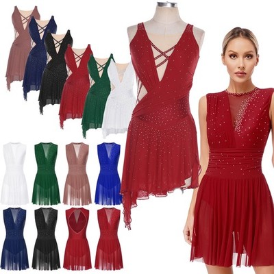 Damen Eiskunstlauf Kleid Ballettkleid Glitzer Tanzkleid Spleiß Gymnastik Leotard