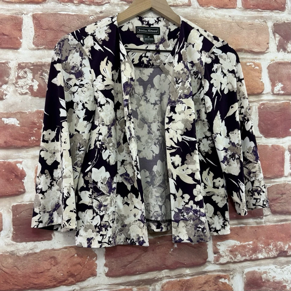 Jessica Howard Blazer Womens 4 Petite Floral Abstract Stretchy Cropped Jacket - Image 2 of 4