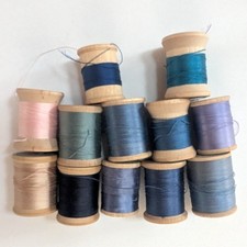 MIxed Lot 12 Partial Wooden Spools of Vintage Thread Blues Green Pink Tan More