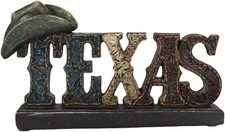 Rustic Western Tooled Leather Texas Word Cowboy Hat Desktop Plaque Figurine