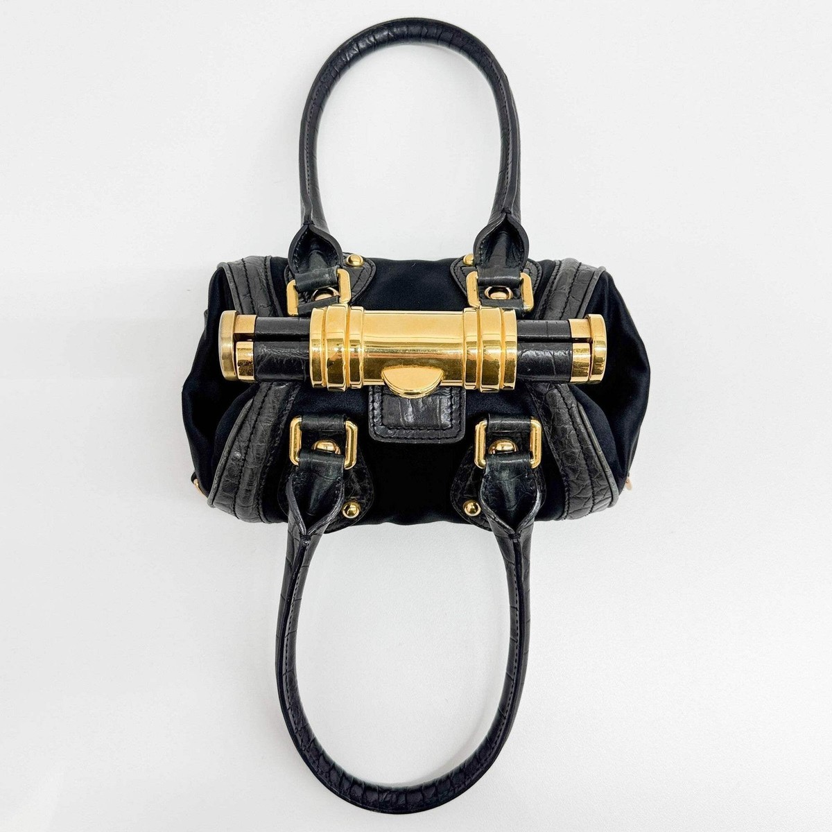 CELINE Flip Lock Black Crocodile Embossed Leather Trim & Satin