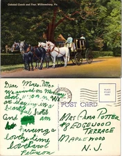 Colonial Coach and Four Williamsburg Virginia VA Postcard