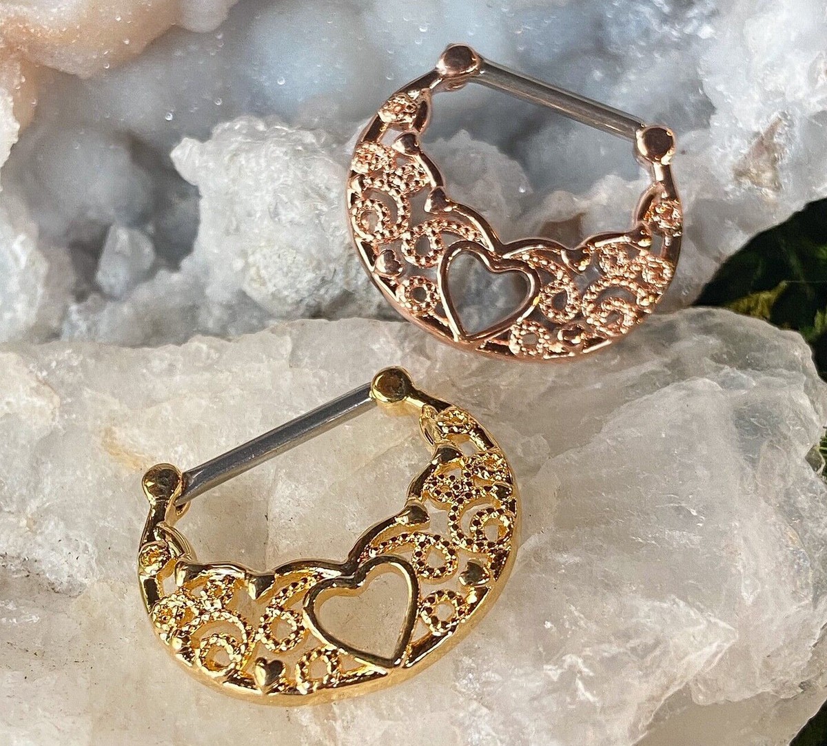PAIR Hollow Heart Filigree Nipple Rings Shields Pierced Body