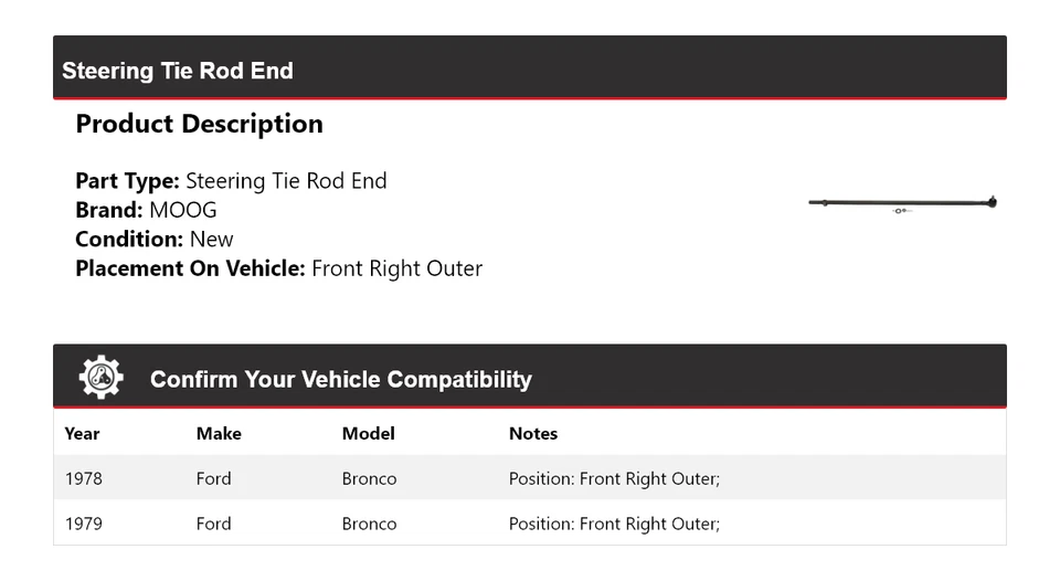 适用于 1978 - 1979 年福特野马转向领带杆端前右外 MOOG — 第 2/4 张图片