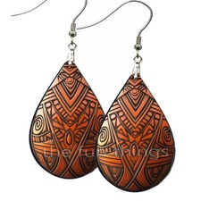 African Tribal Art Print Earrings Teardrop NO TARNISHING Wood Dangle Handmade