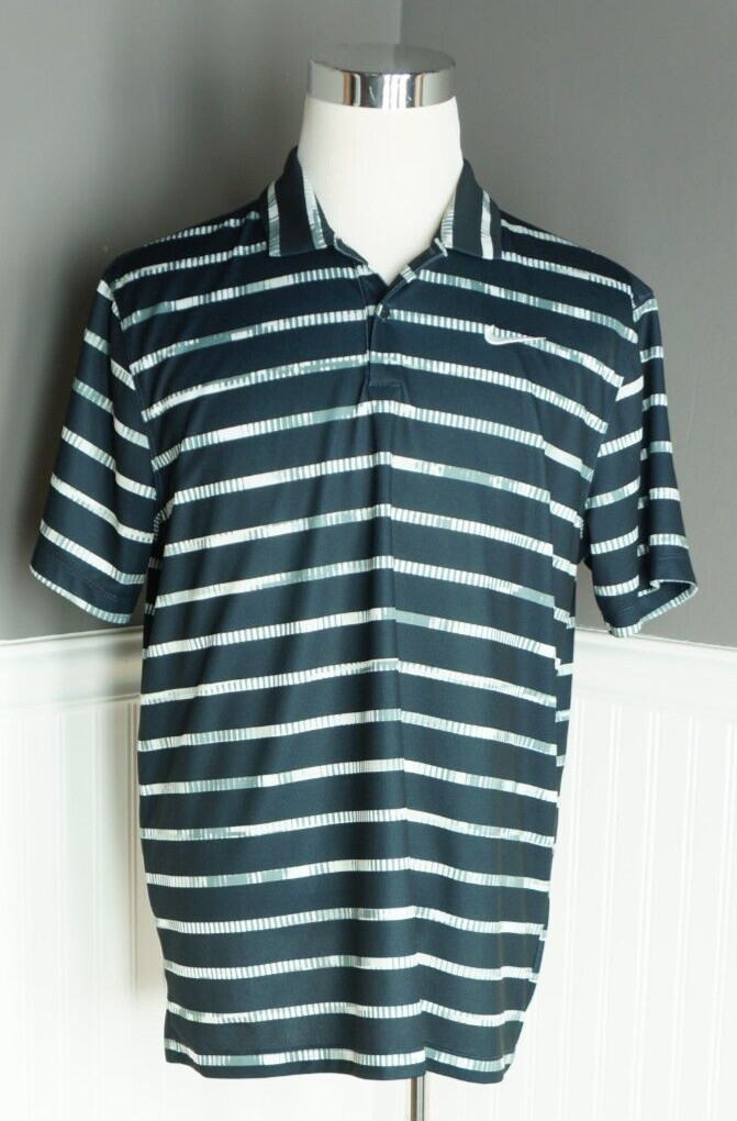 Nike Shirt Men's Large Short Sleeve Polo Dri Fit Black White Striped