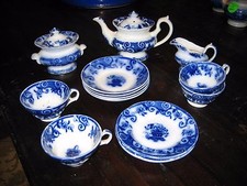 Antique Flow Blue Child's toy tea set Basket c1850
