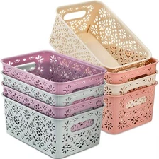 Frcctre 8 Pack Plastic Storage Baskets with Handle, Blue, Pink, Beige, Purple 