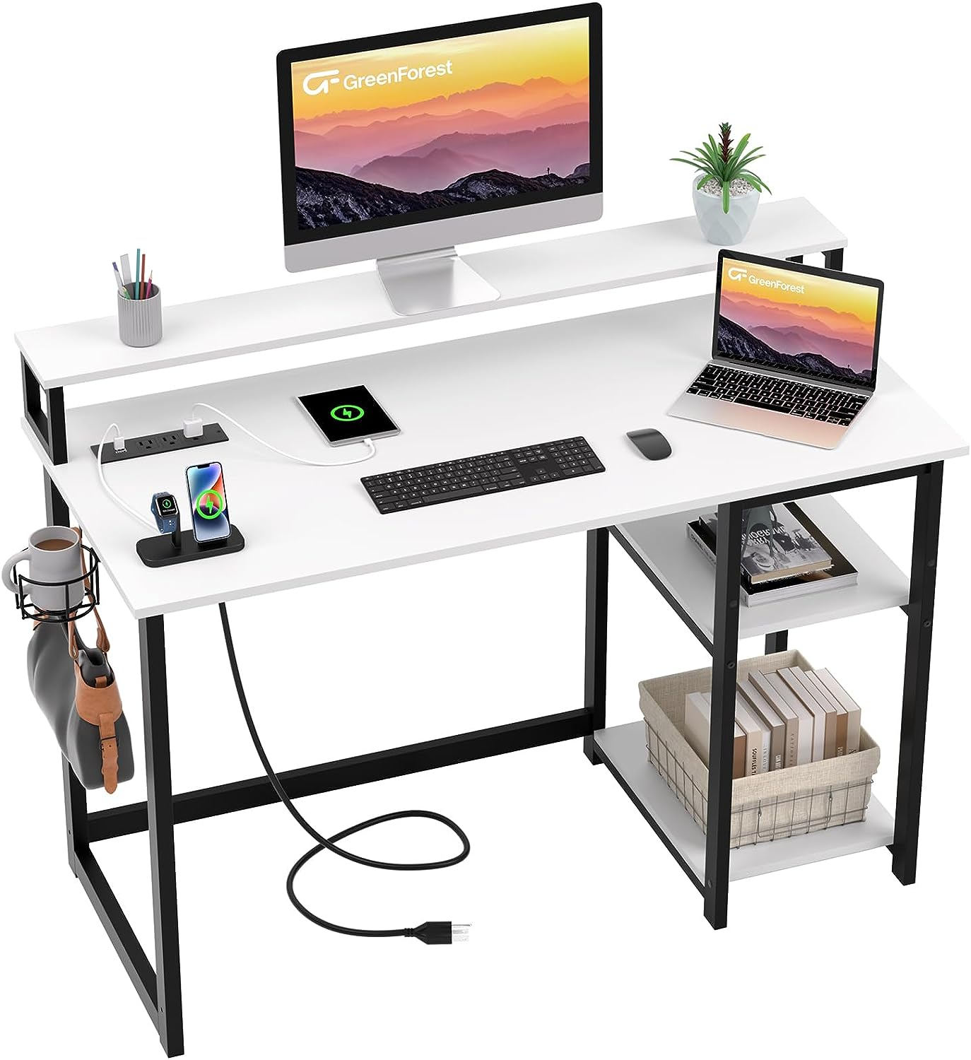 47 Inch Computer Desk with Power Outlets, Small Home Office Desk with Ergonomic