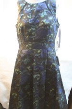 Eliza J Womens Blue Black Green Pleated Jacquard Fit Flare Dress Sz 8P  NWT