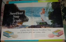 1958 PRINT AD ~ PUREX SWEETHEART SOAP Naked Woman Standing In Bathtub Ocean View