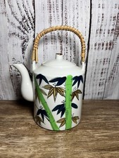 Vintage Ceramic Japan Tea Pot With Bamboo Handle Green Blue Brown Flowers