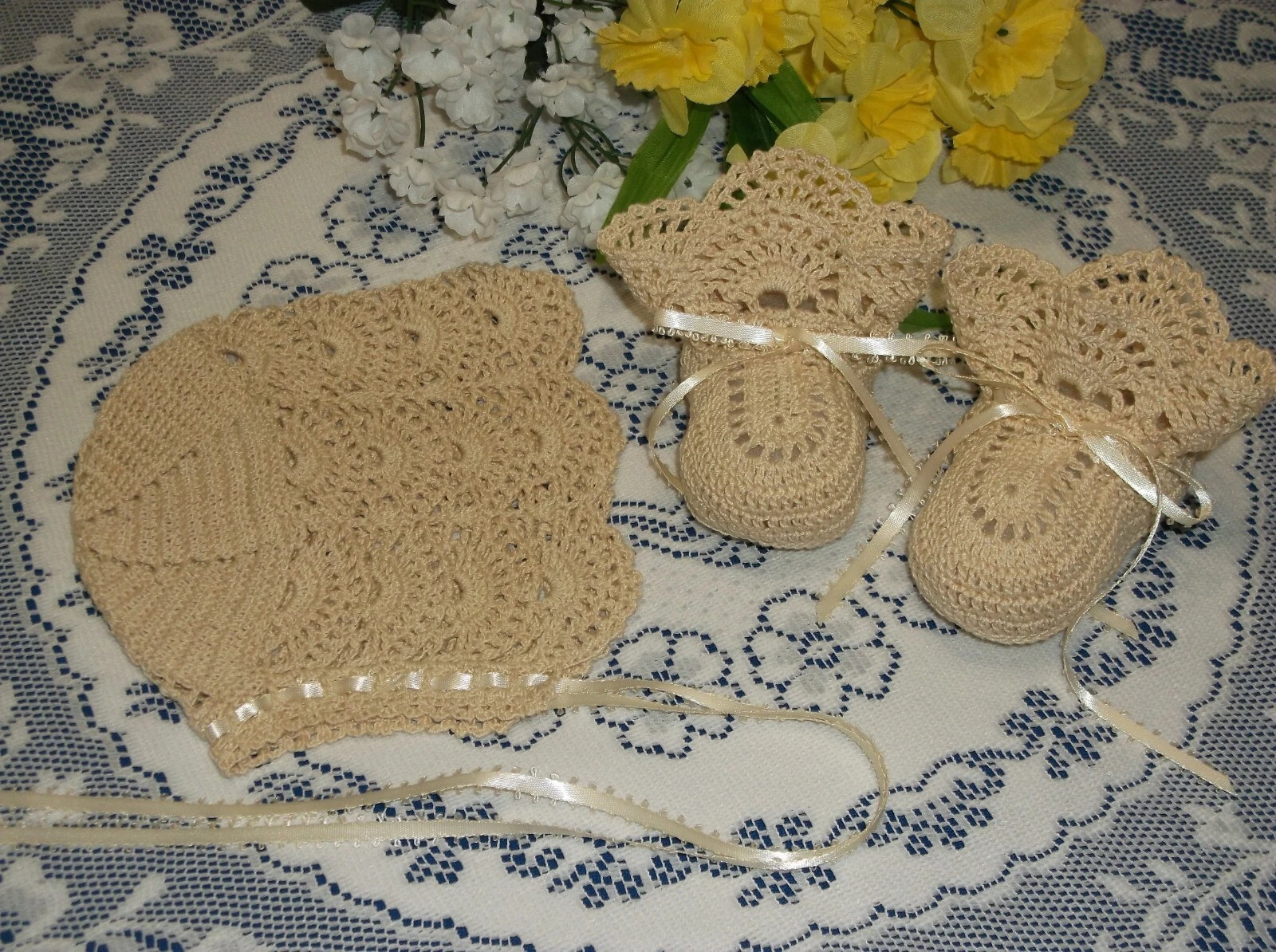 Handmade, Hand Crocheted Baby Bonnet and Booties - Ecru w/Ecru Ribbons