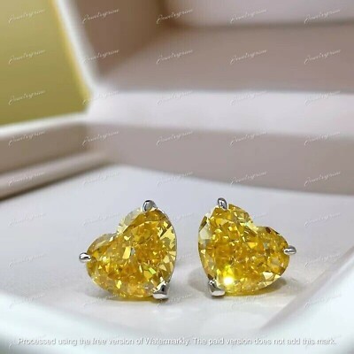 14K Gold Finish 4Ct Solitaire Lab Created Heart Cut Canary Diamond Stud Earrings