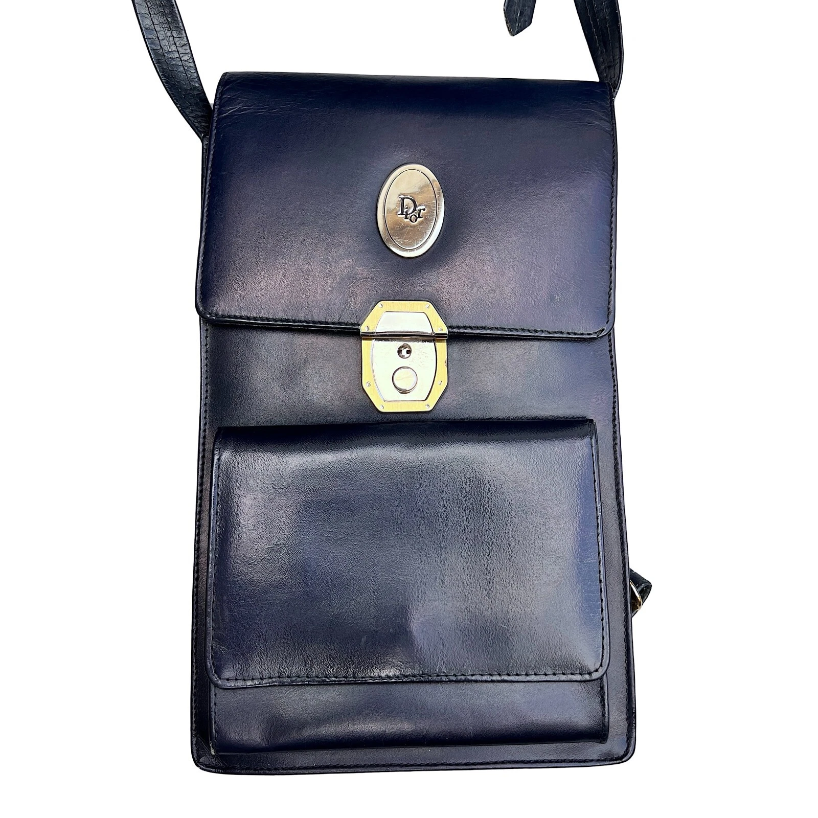 Sac bandoulière Christian Dior bandoulière bandoulière cuir bleu marine doré vintage