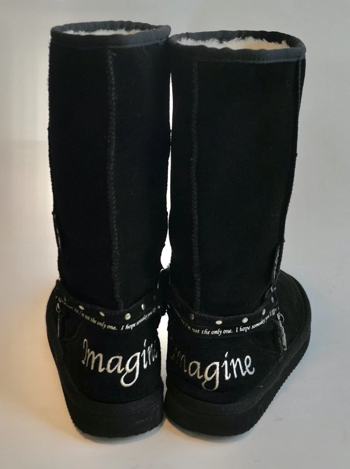 Vtg Women 90s Lyric Culture John Lennon Imagine Music Faux Suede Boot Size 6 - Image 4 of 4