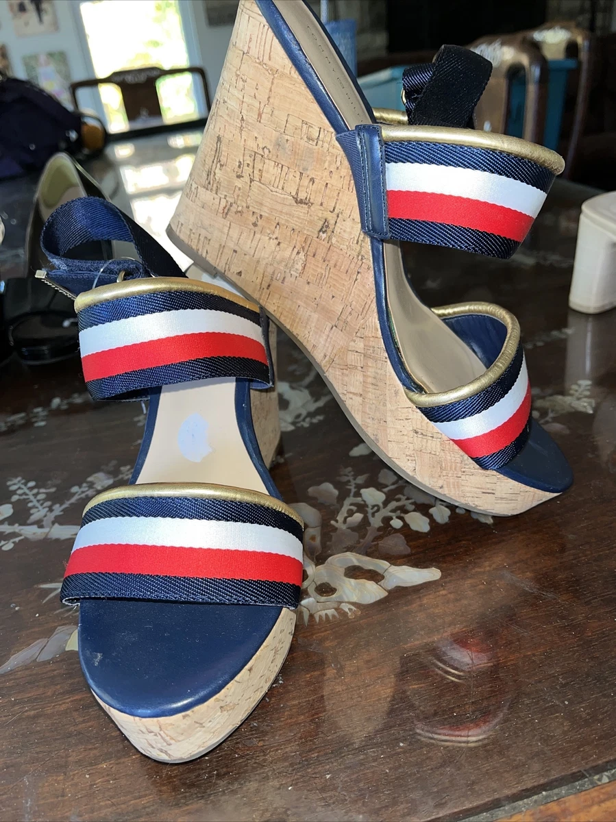 Hilfiger Wedges Red White Blue Cork Wedge Heel Strap Sz 10 NEW | eBay