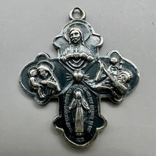 Four-Way Cross Medal Sacred Heart Oxidized Catholic Token Theda Sterling Silver