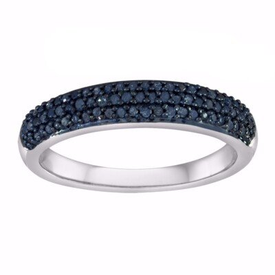 #ad Sterling Silver Blue Natural Diamond Band Ring 0.20 Ct $59.95