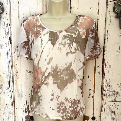 Jacques Vert Size 12 Euro 40 Woman's Pink Taupe Ivory Eggplant Beaded Blouse Top