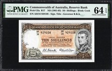 Australia 10 TEN Shillings P33a R17 1961-65 Coombs Wilson PMG64 Choice UNC EPQ