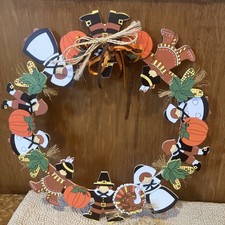 Thanksgiving Pilgrims Wood Wreath Indians, Pumpkins, Turkeys, Corn 17  X 18  